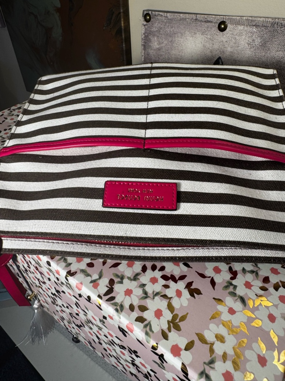 Henri Bendel Iconic Striped Canvas Clutch with Hot Pink Trim - Picture 4 of 5